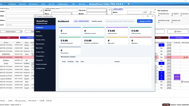 Panel del inventario con productos, stock, costo y ganancia