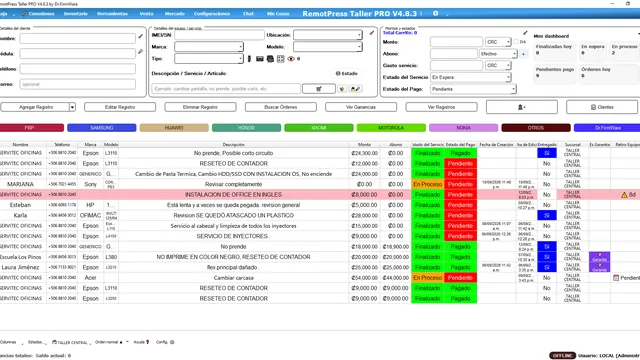 Pantalla principal de RemotPress Taller 4.8 con órdenes, estados de servicio y pago (datos de ejemplo)